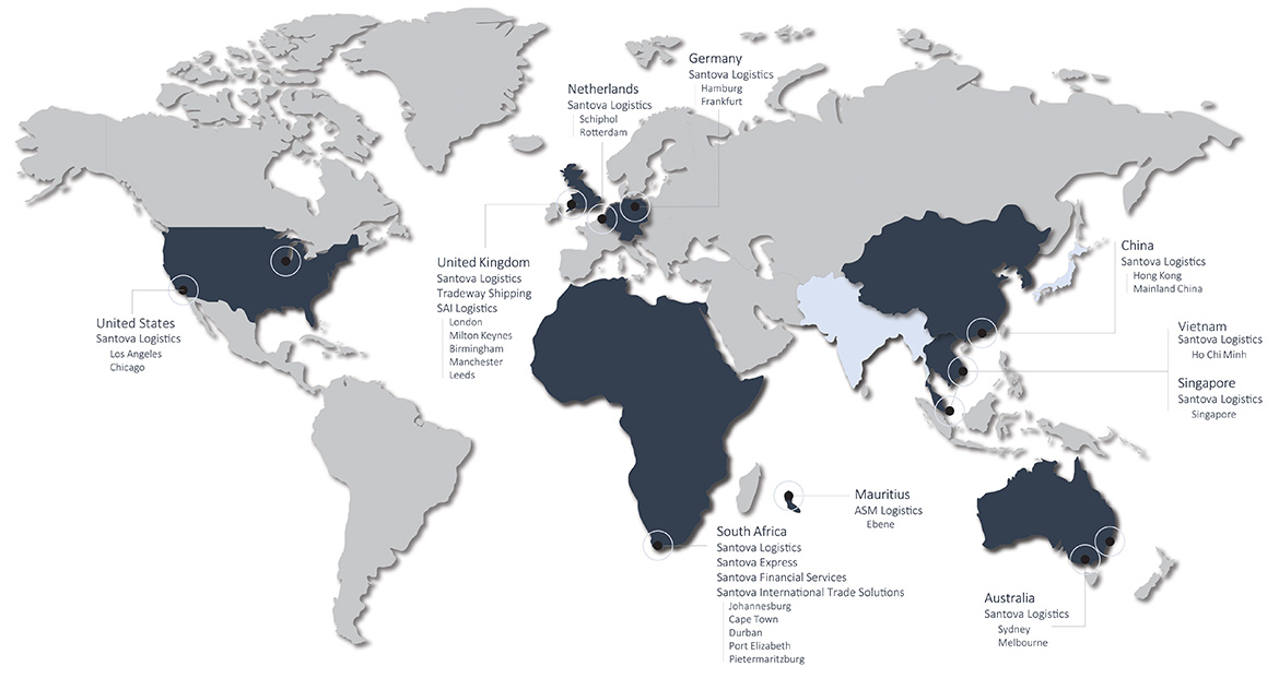 Map showing Santova Global offices